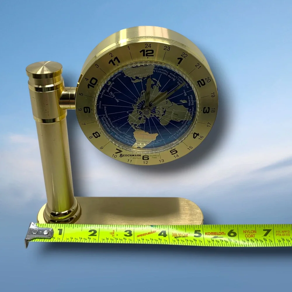 Vintage Benchmark World Time Desk Clock Quartz Brass Tone Map Globe 7”